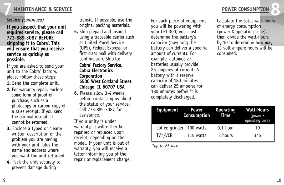 Cobra Electronics CPI 300 Send the complete unit, Some form of proof-of, Purchase, such as a, Ship prepaid and insured 