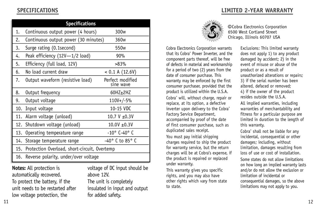 Cobra Electronics CPI 300 manual Specifications, Limited 2-YEAR WARRANTY10 