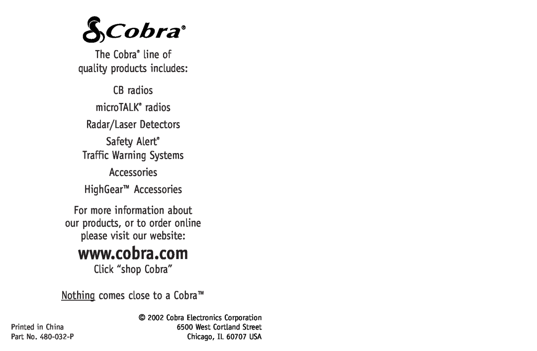 Cobra Electronics CPI 300 manual The Cobra line of quality products includes CB radios 