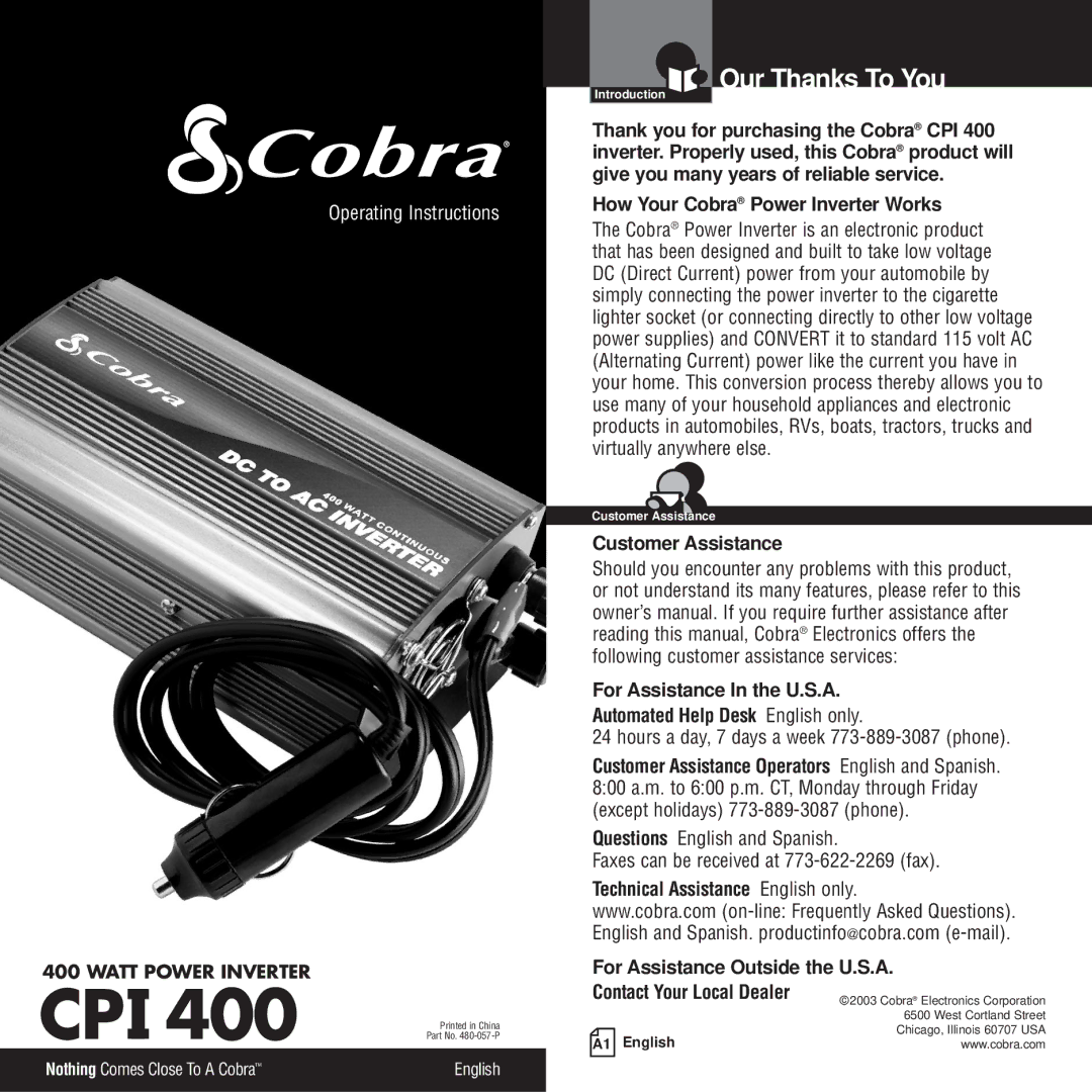 Cobra Electronics CPI 400 owner manual Our Thanks To You, How Your Cobra Power Inverter Works 