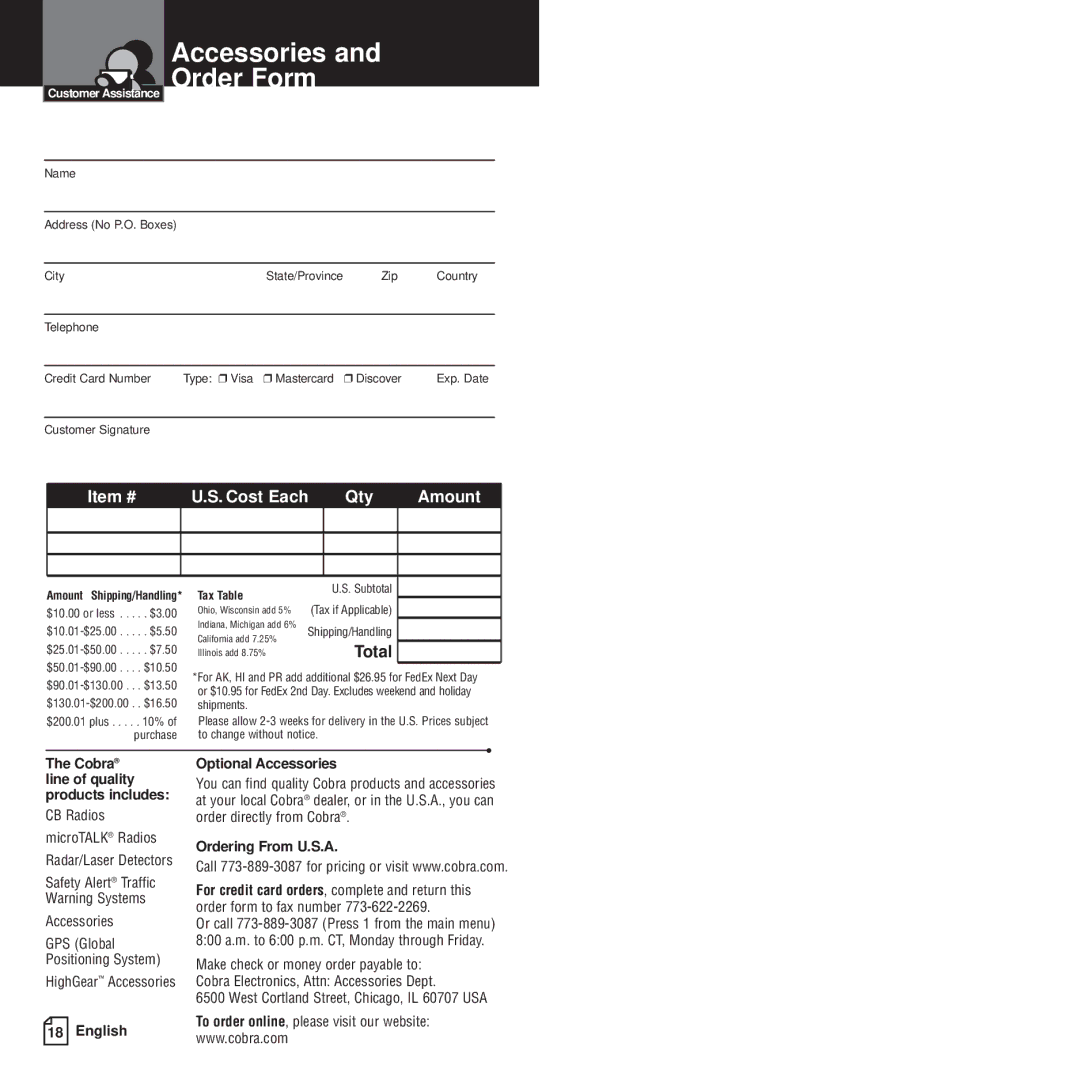 Cobra Electronics CPI 400 owner manual Accessories and Order Form, Item # Cost Each Qty Amount 