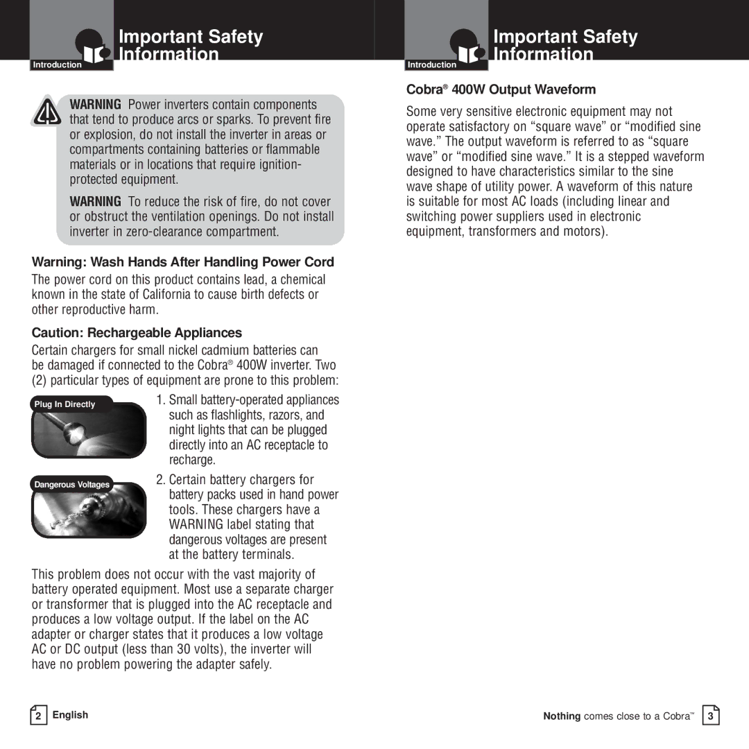 Cobra Electronics CPI 400 owner manual Cobra 400W Output Waveform 