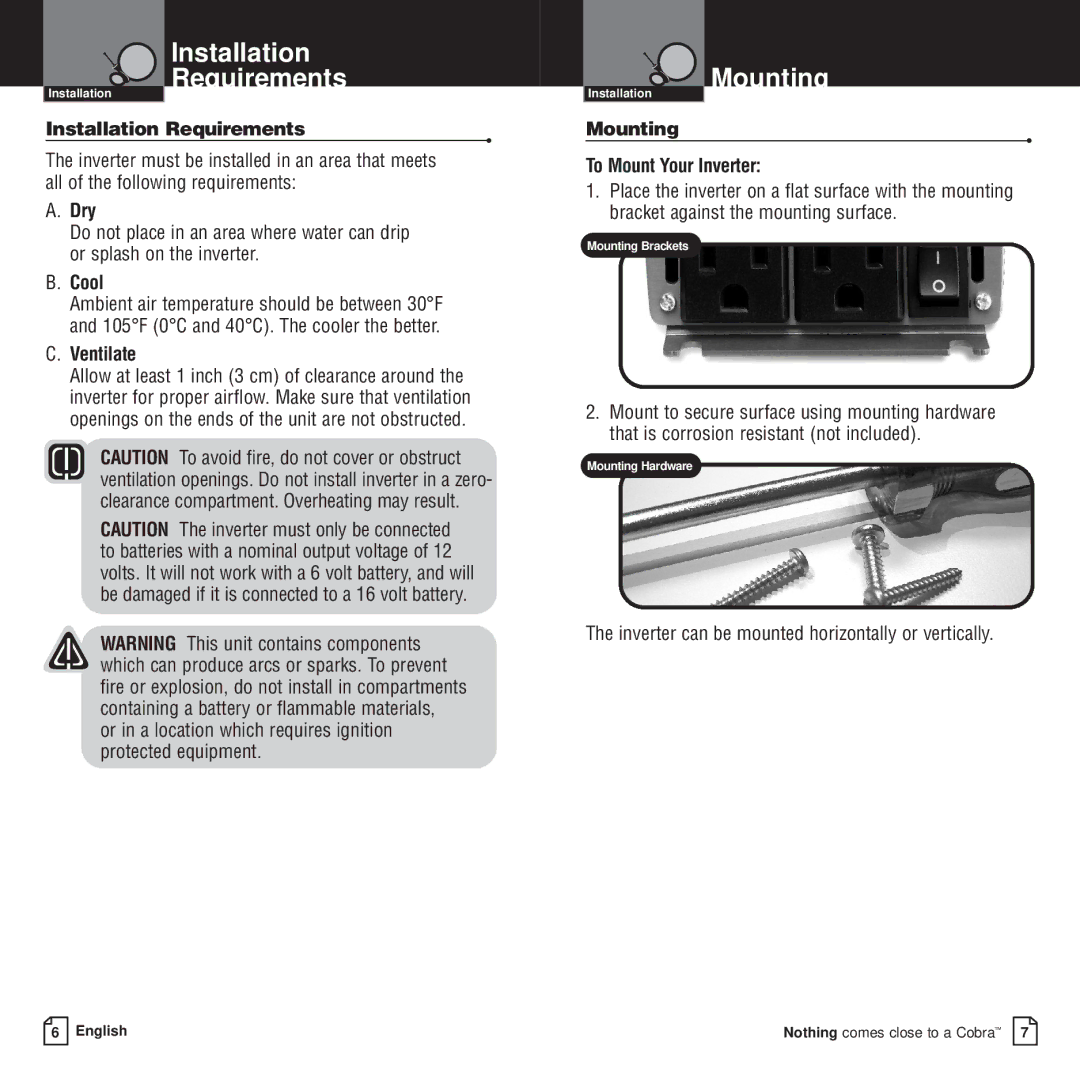 Cobra Electronics CPI 400 owner manual Installation Requirements, Mounting 