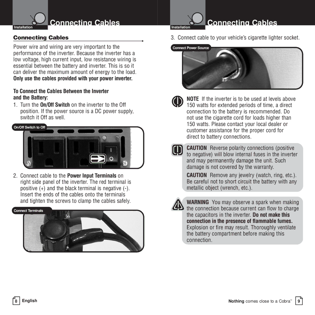 Cobra Electronics CPI 400 owner manual Connecting Cables, To Connect the Cables Between the Inverter and the Battery 