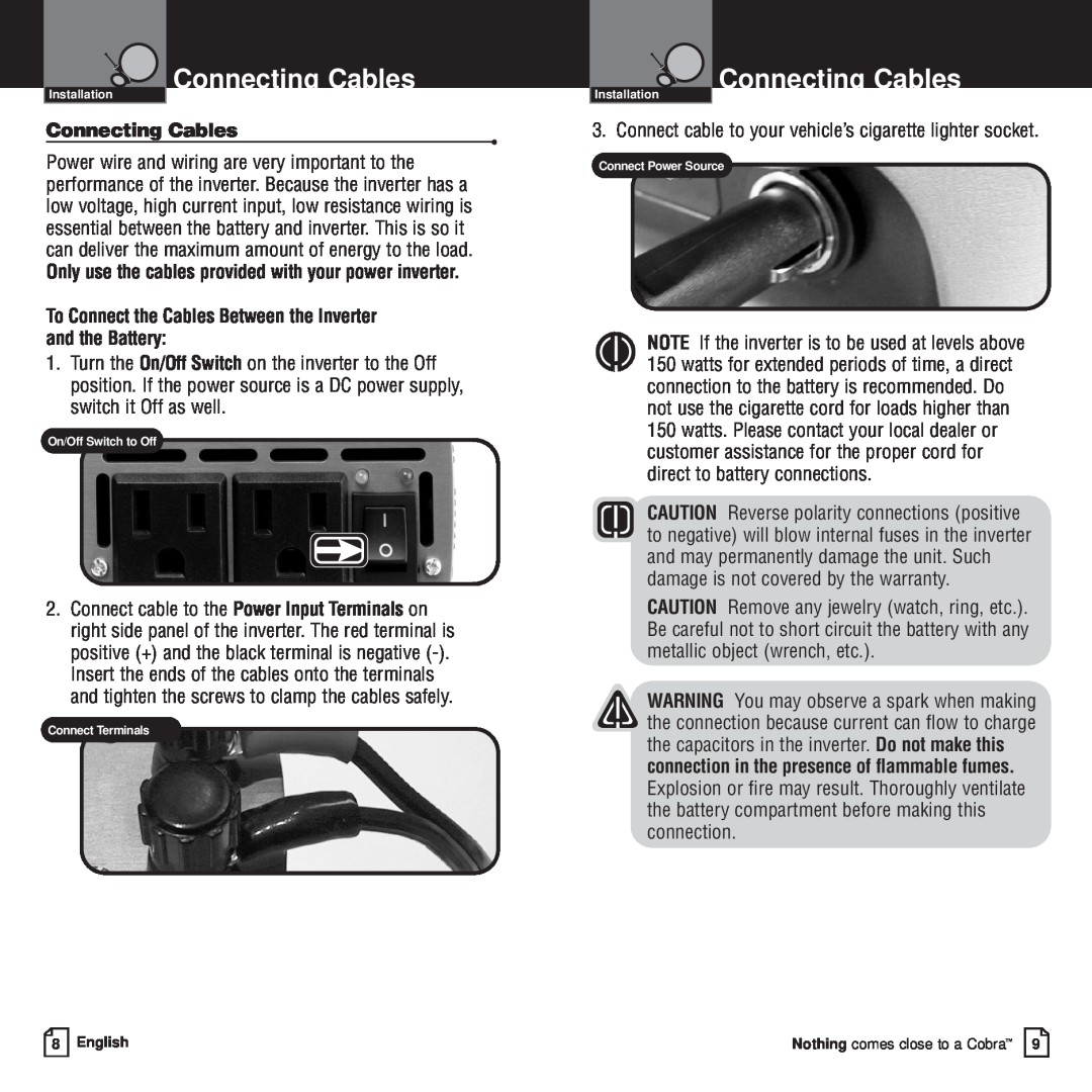 Cobra Electronics CPI 400 owner manual Connecting Cables, To Connect the Cables Between the Inverter and the Battery 
