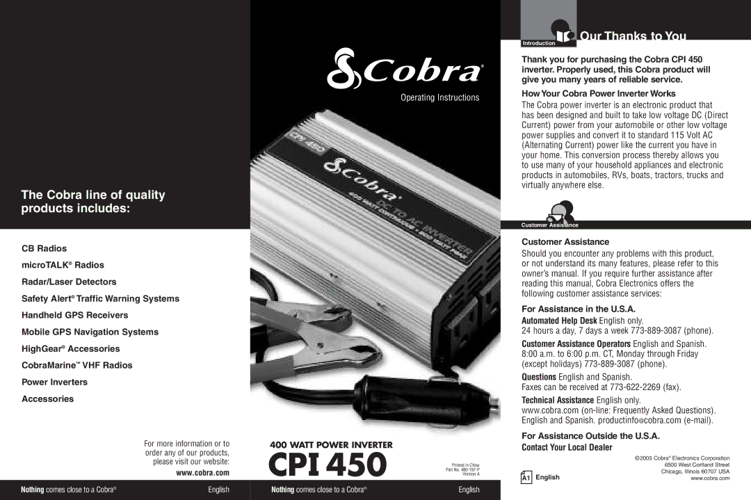 Cobra Electronics CPI 450 warranty Cobra line of quality products includes, Our Thanks to You 