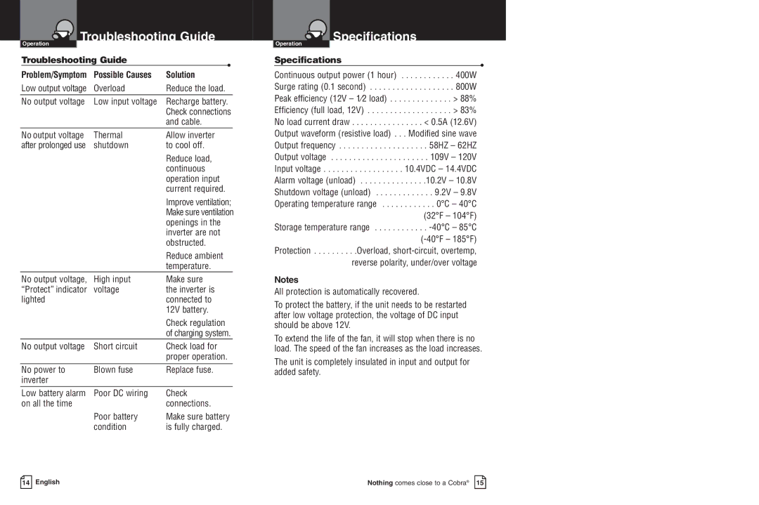 Cobra Electronics CPI 450 warranty Troubleshooting Guide, Specifications, Solution 