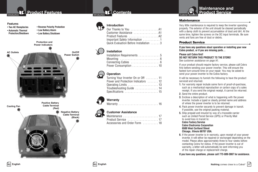 Cobra Electronics CPI 450 warranty Product Features, Contents, Maintenance Product Service 