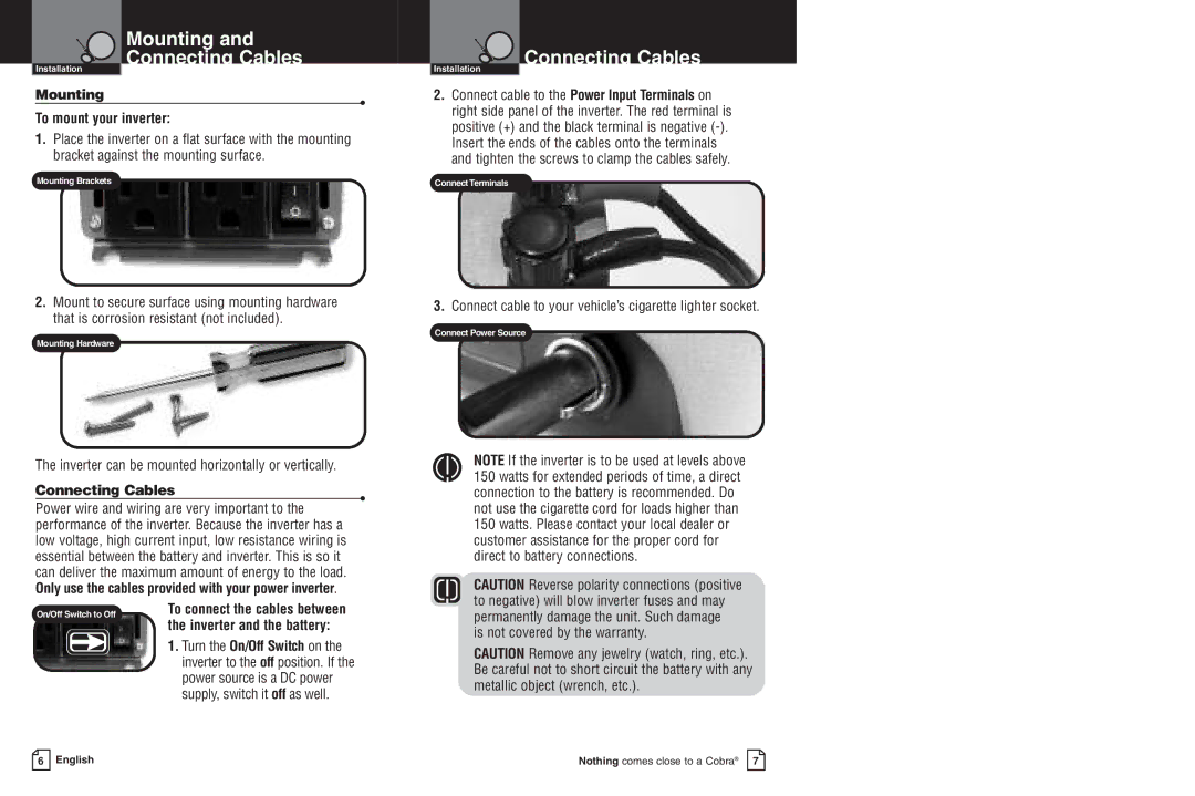 Cobra Electronics CPI 450 Mounting Connecting Cables, Mounting To mount your inverter, Is not covered by the warranty 