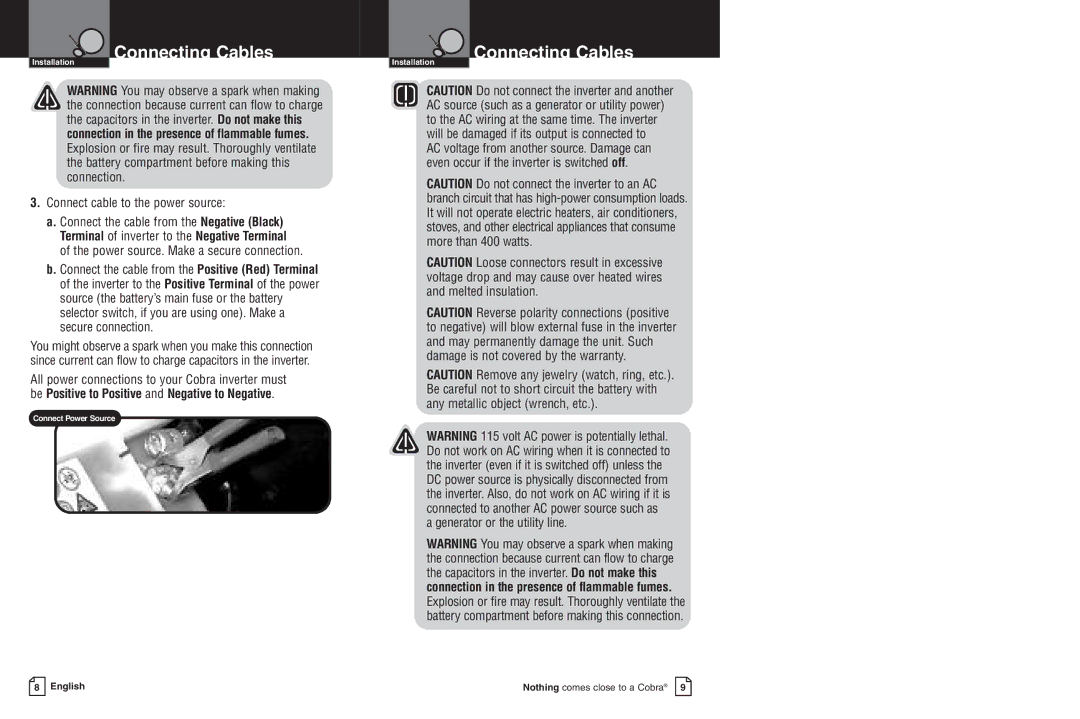Cobra Electronics CPI 450 warranty Connect cable to the power source 
