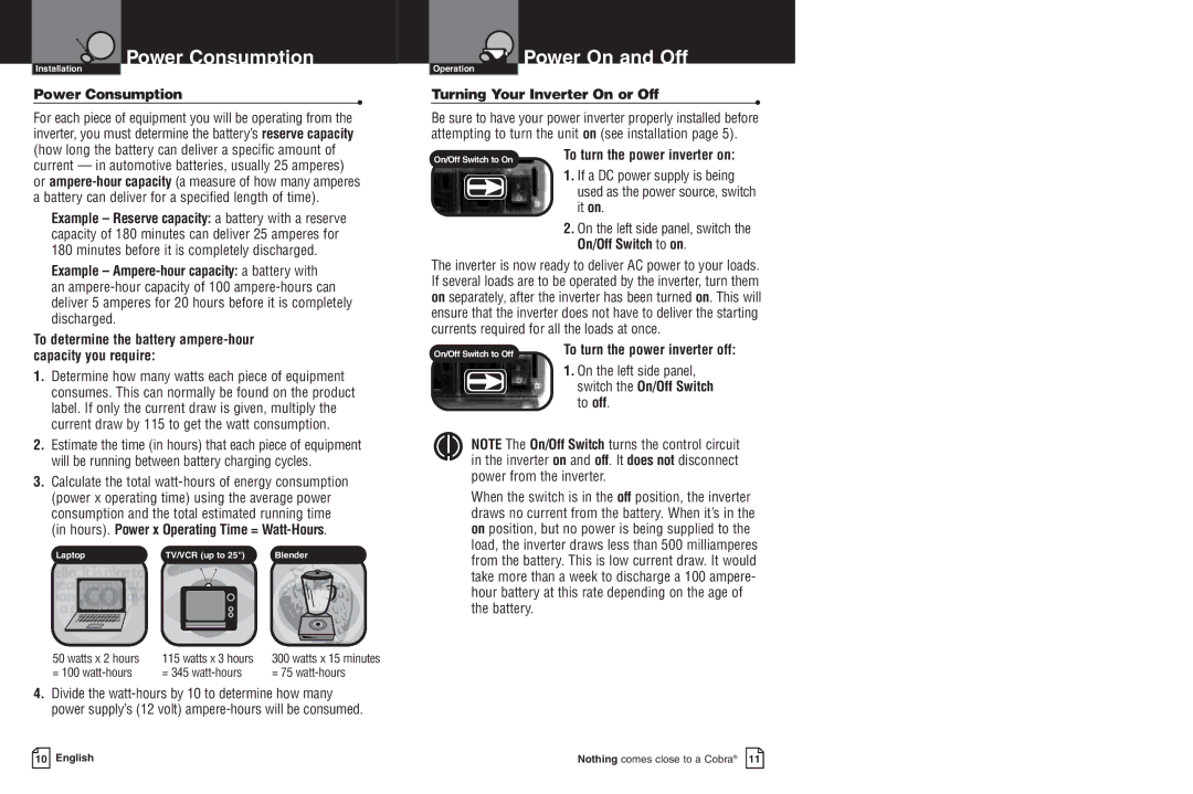 Cobra Electronics CPI 450 warranty Power Consumption, To determine the battery ampere-hour capacity you require 