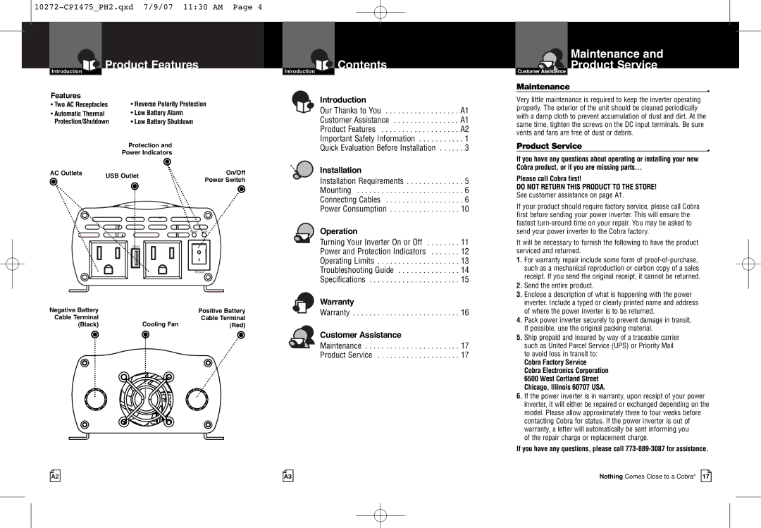 Cobra Electronics CPI 475 owner manual Maintenance, Product Service 