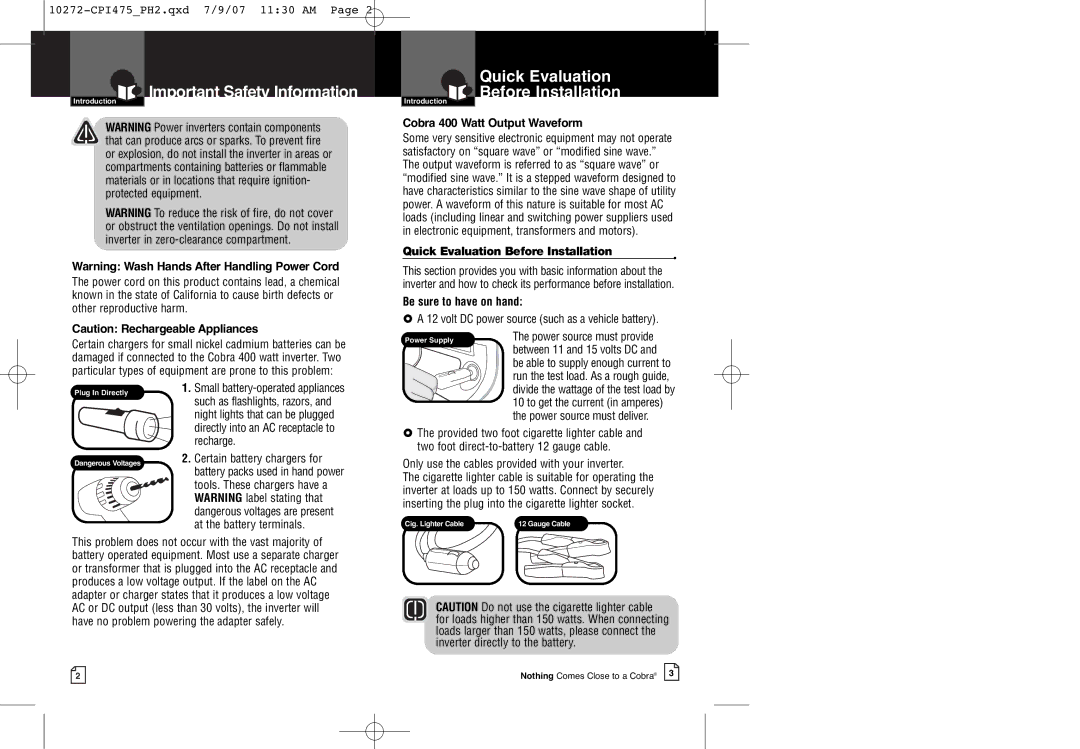 Cobra Electronics CPI 475 owner manual Introduction Important Safety Information, Cobra 400 Watt Output Waveform 