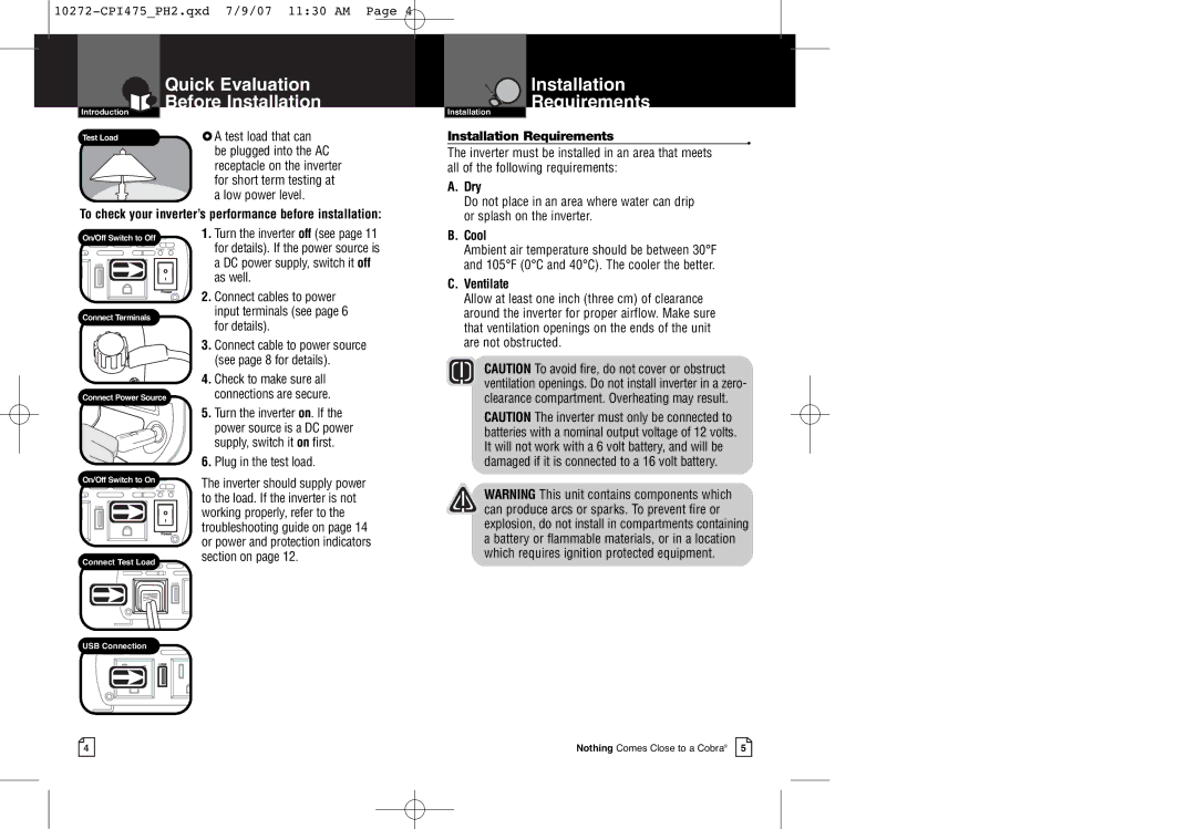 Cobra Electronics CPI 475 owner manual Quick Evaluation Before Installation, Installation Requirements 