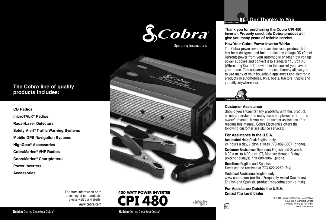 Cobra Electronics CPI 480 owner manual Cobra line of quality products includes, Our Thanks to You, ContactYourLocal Dealer 