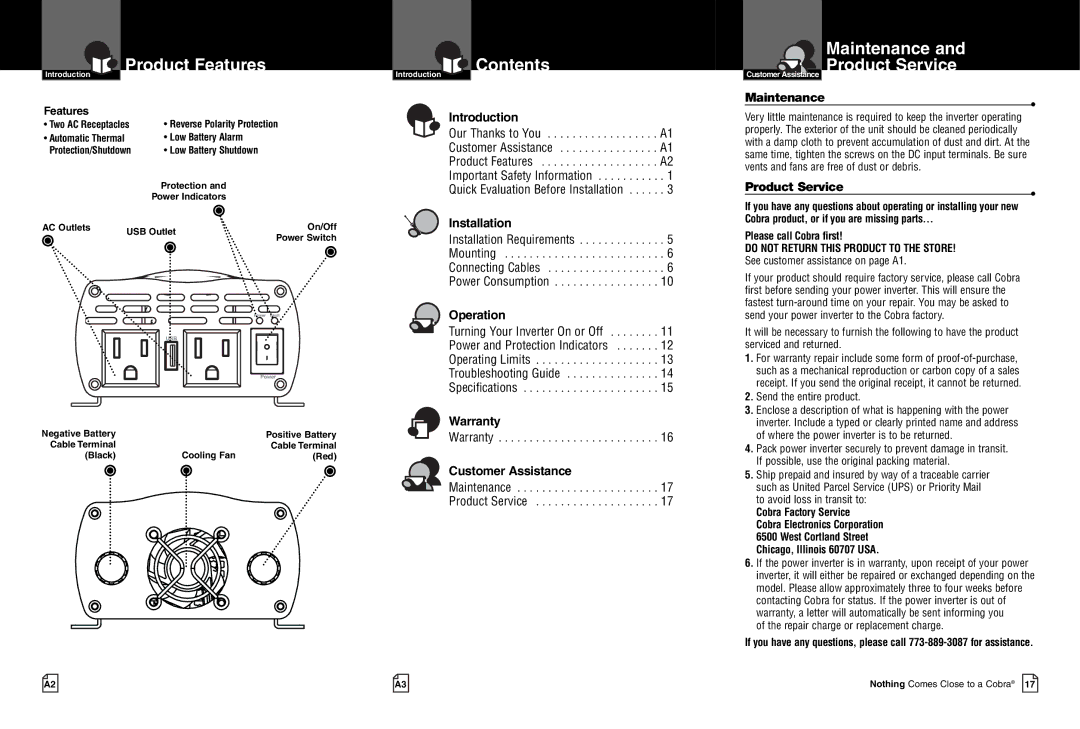 Cobra Electronics CPI 480 owner manual Product Features, Contents, Maintenance Product Service 