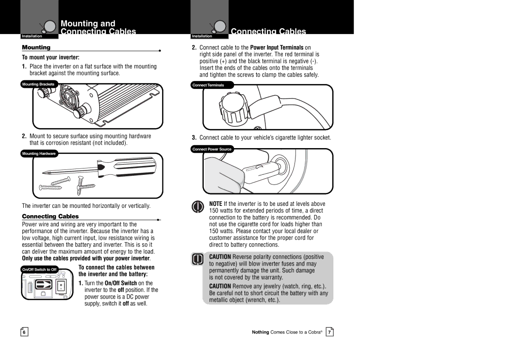 Cobra Electronics CPI 480 owner manual Mounting Connecting Cables, To mount your inverter, ConnectingCables 