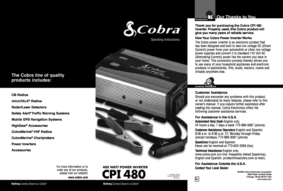 Cobra Electronics CPI 480 owner manual The Cobra line of quality products includes, Our Thanks to You, CustomerAssistance 