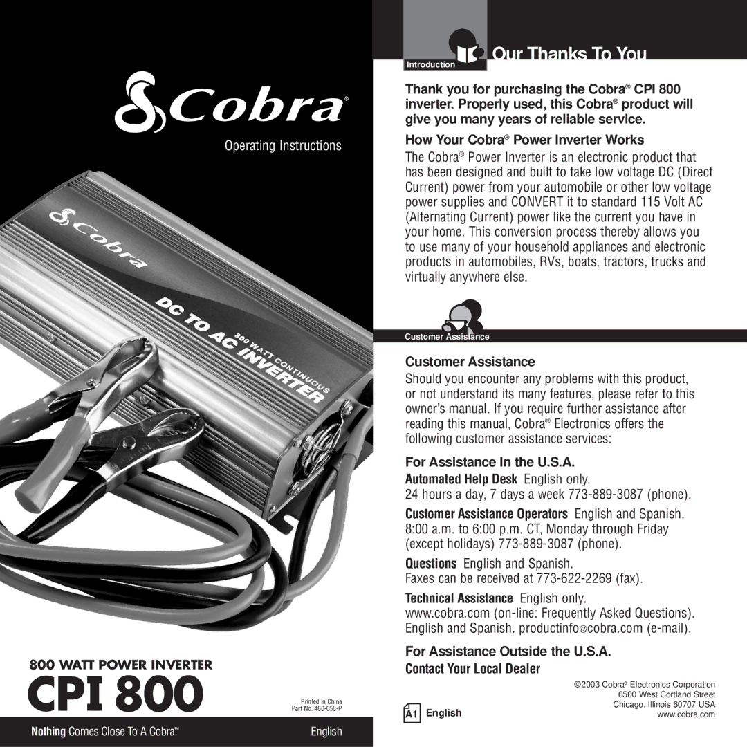 Cobra Electronics CPI 800 owner manual Our Thanks To You, How Your Cobra Power Inverter Works 