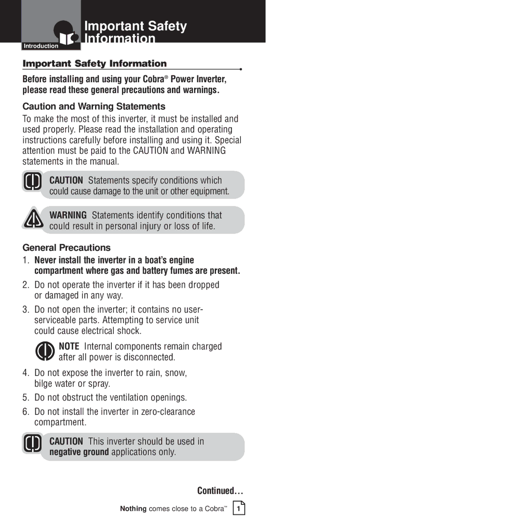 Cobra Electronics CPI 800 owner manual Important Safety Information, General Precautions 