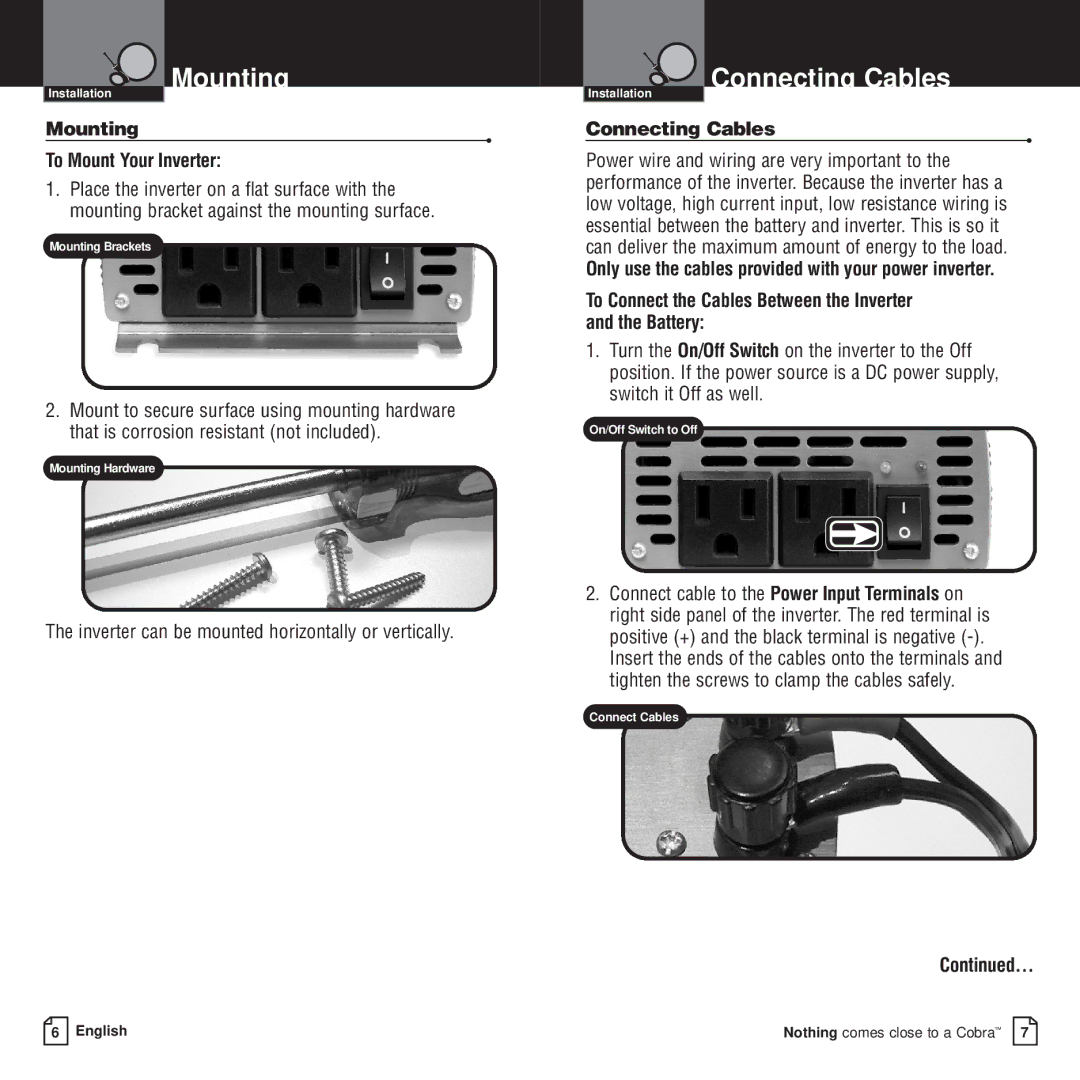 Cobra Electronics CPI 800 owner manual Connecting Cables, Mounting To Mount Your Inverter 