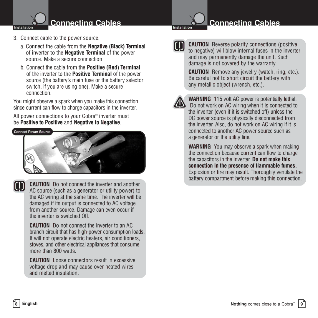 Cobra Electronics CPI 800 owner manual Connect cable to the power source, Generator or the utility line 