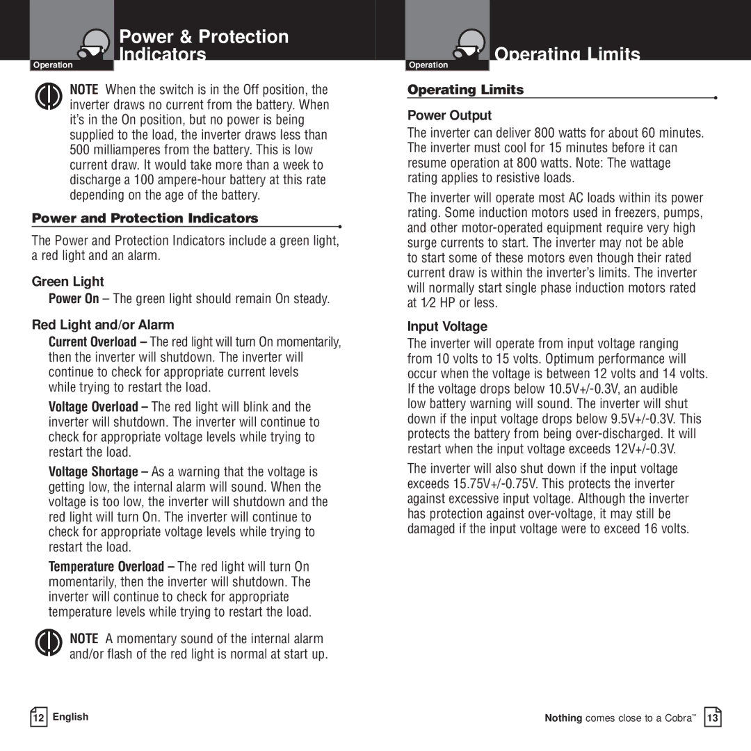 Cobra Electronics CPI 800 Power & Protection Indicators Operating Limits, Operating Limits Power Output, Green Light 