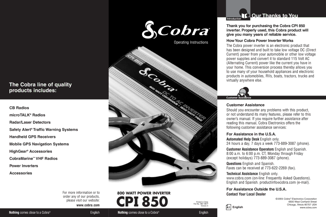 Cobra Electronics CPI 850 warranty Cobra line of quality products includes, Our Thanks to You 