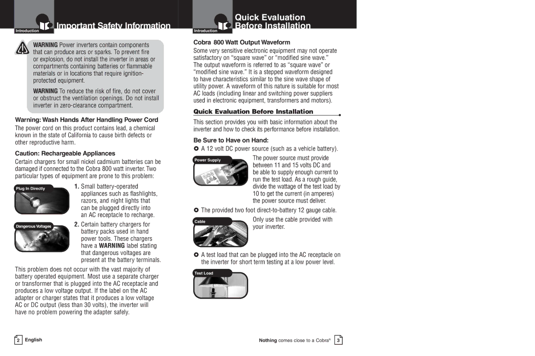 Cobra Electronics CPI 850 warranty Quick Evaluation Before Installation, Cobra 800 Watt Output Waveform, Your inverter 