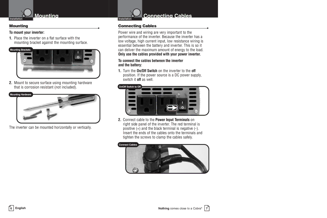 Cobra Electronics CPI 850 warranty Connecting Cables, Mounting To mount your inverter 