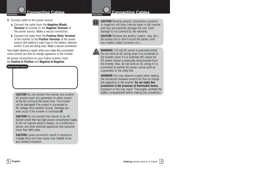 Cobra Electronics CPI 850 warranty Connect cable to the power source 