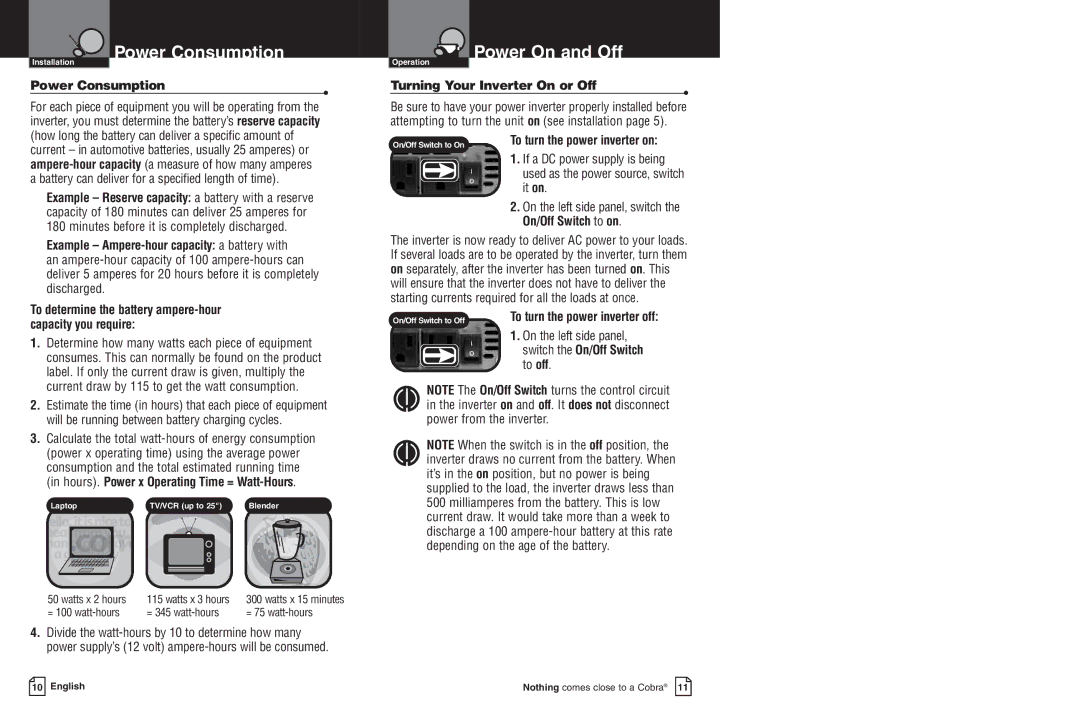 Cobra Electronics CPI 850 warranty Power Consumption, To determine the battery ampere-hour capacity you require 