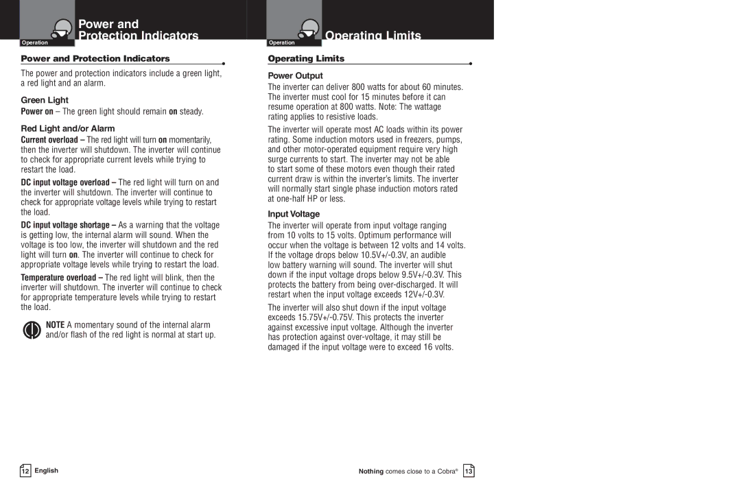 Cobra Electronics CPI 850 Power and Protection Indicators Operating Limits, Operating Limits Power Output Green Light 