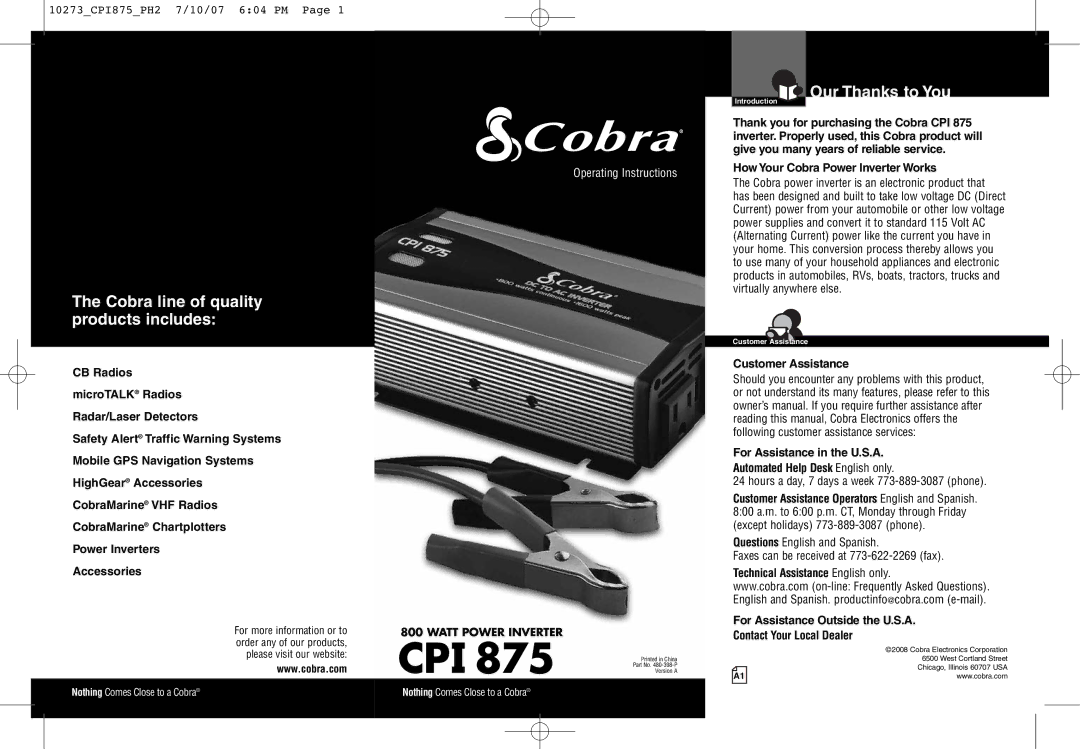 Cobra Electronics CPI 875 warranty Our Thanks to You, Cobra line of quality products includes 