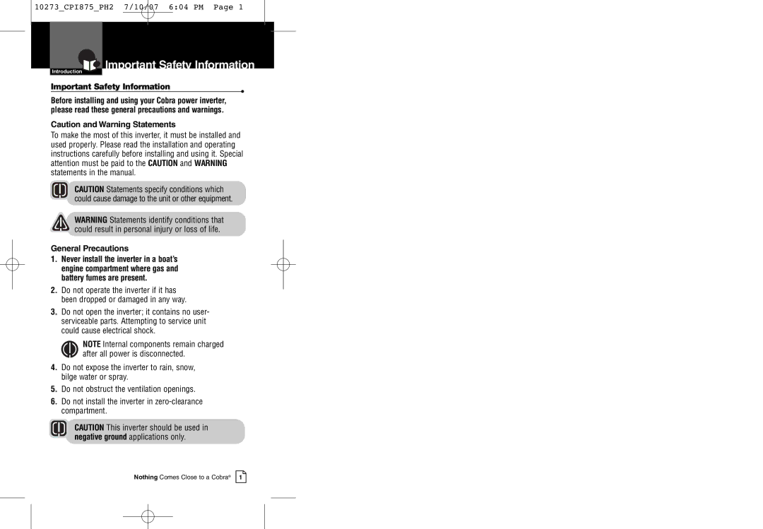 Cobra Electronics CPI 875 warranty Important Safety Information, General Precautions 