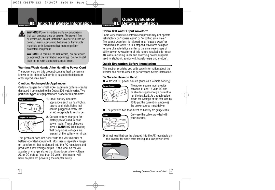 Cobra Electronics CPI 875 warranty Quick Evaluation Before Installation, Cobra 800 Watt Output Waveform 