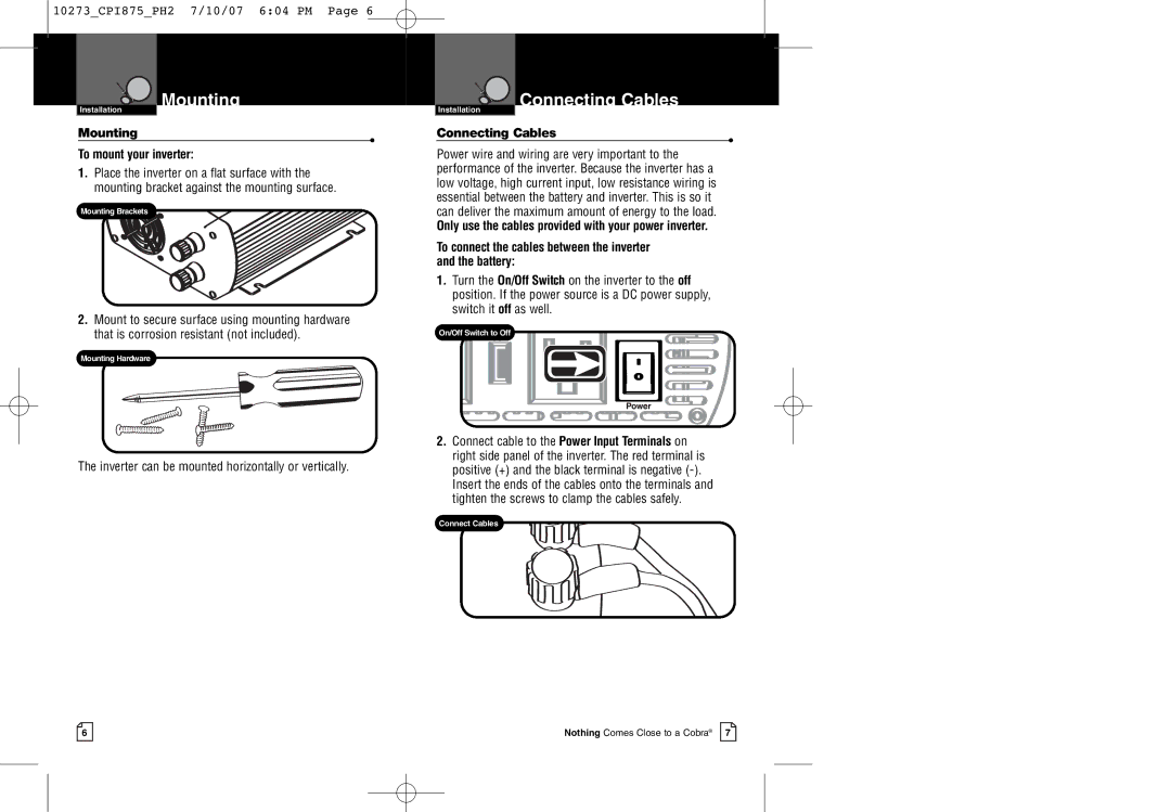 Cobra Electronics CPI 875 warranty Connecting Cables, Mounting To mount your inverter 