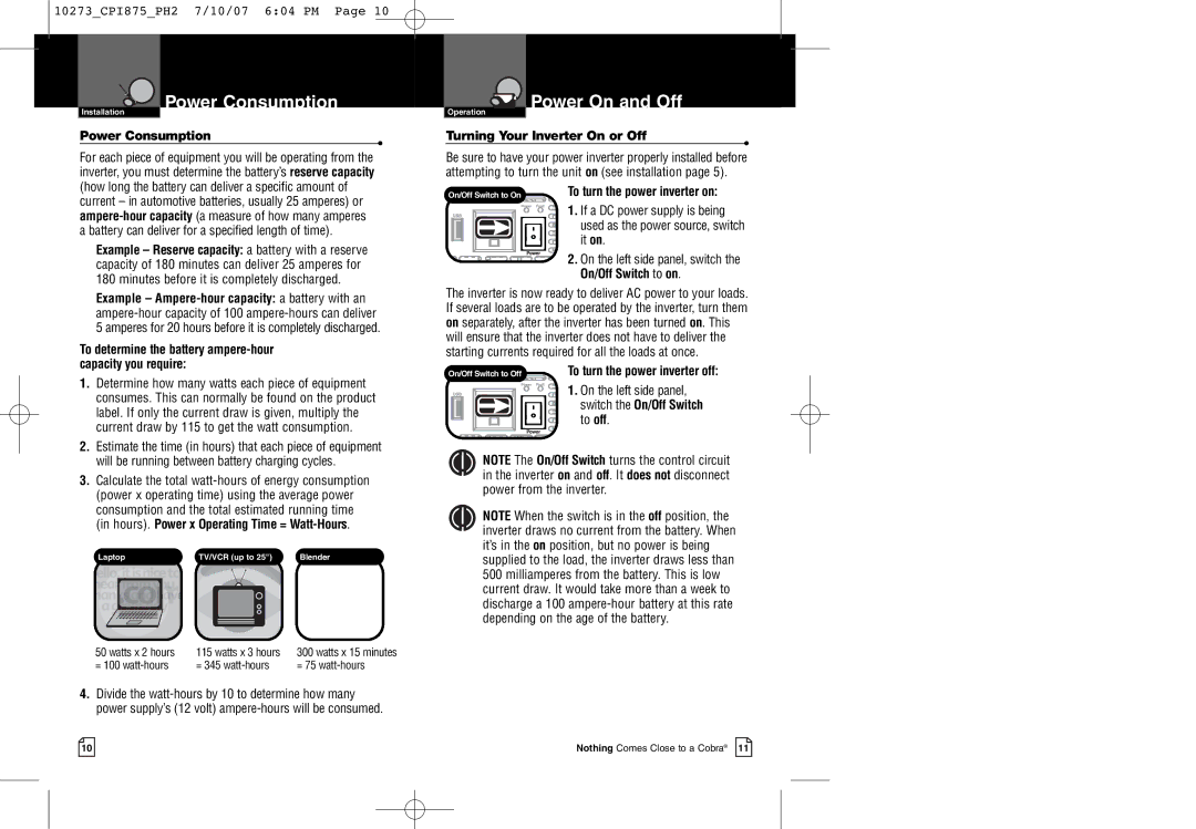 Cobra Electronics CPI 875 warranty Power Consumption 