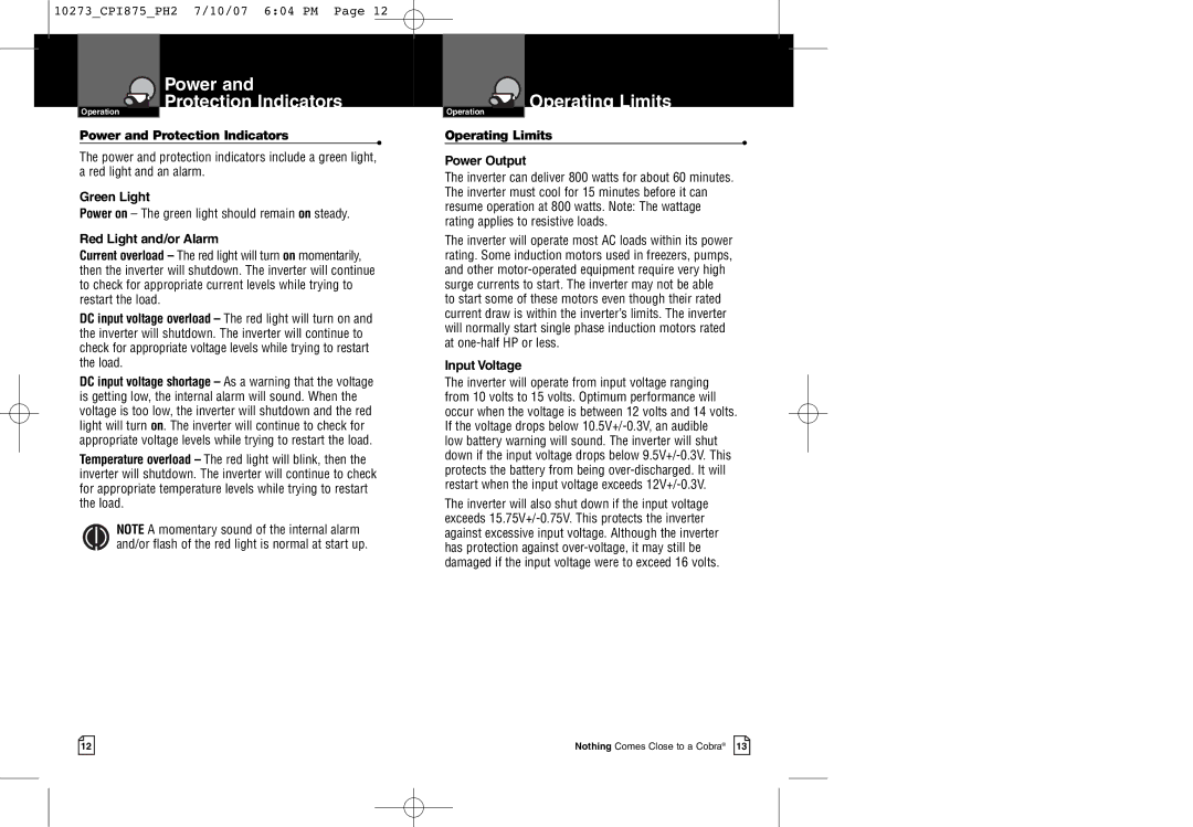 Cobra Electronics CPI 875 Power Protection Indicators Operating Limits, Power and Protection Indicators, Input Voltage 
