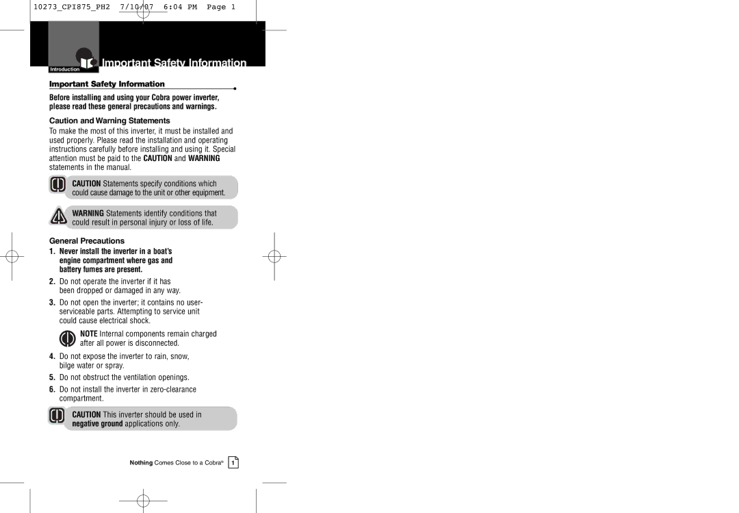 Cobra Electronics CPI 875 warranty Important Safety Information, General Precautions 