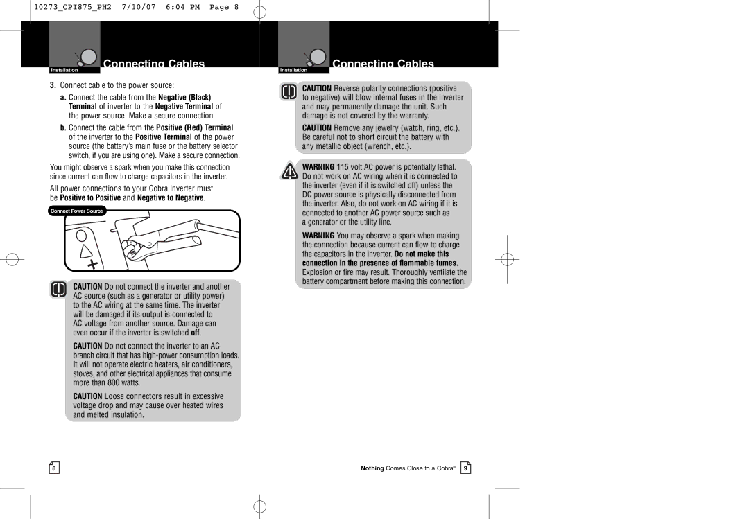 Cobra Electronics CPI 875 warranty Connect cable to the power source 