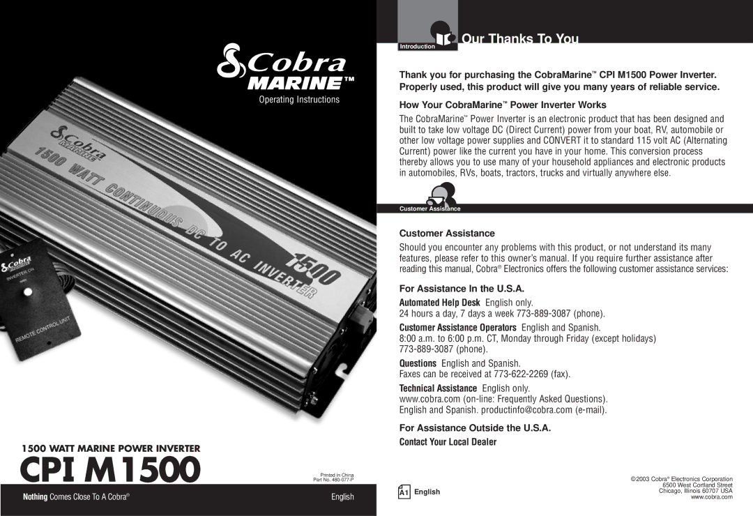 Cobra Electronics CPI M1500 owner manual Our Thanks To You, How Your CobraMarine Power Inverter Works 