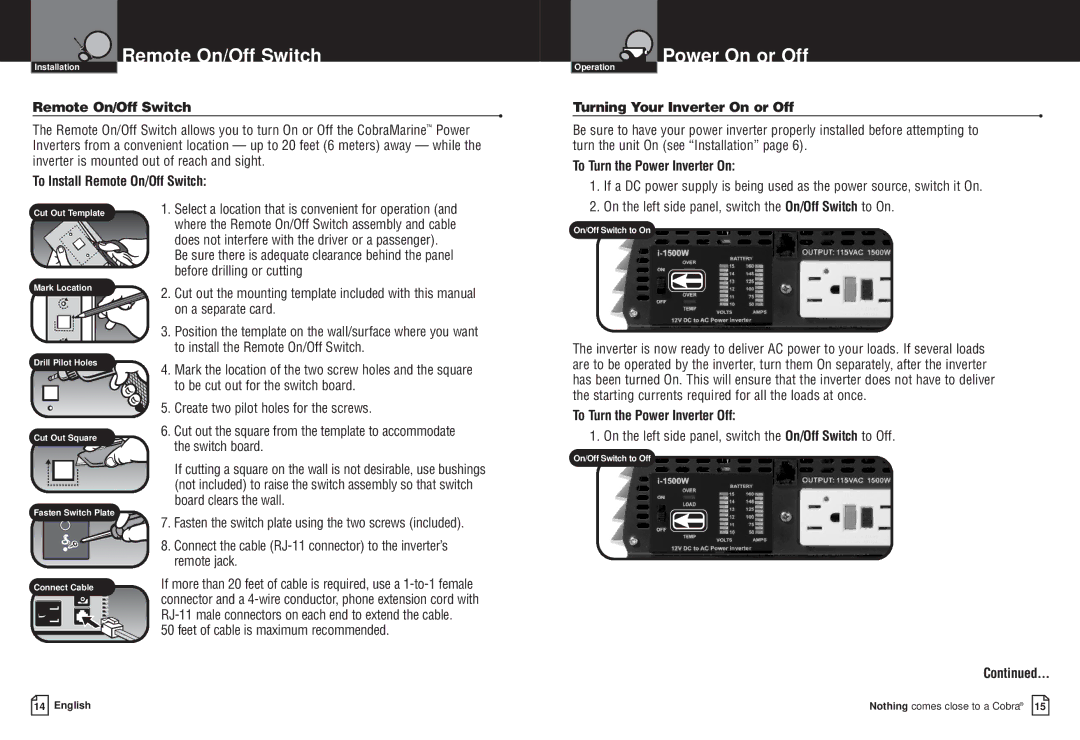 Cobra Electronics CPI M1500 owner manual Remote On/Off Switch, Power On or Off 