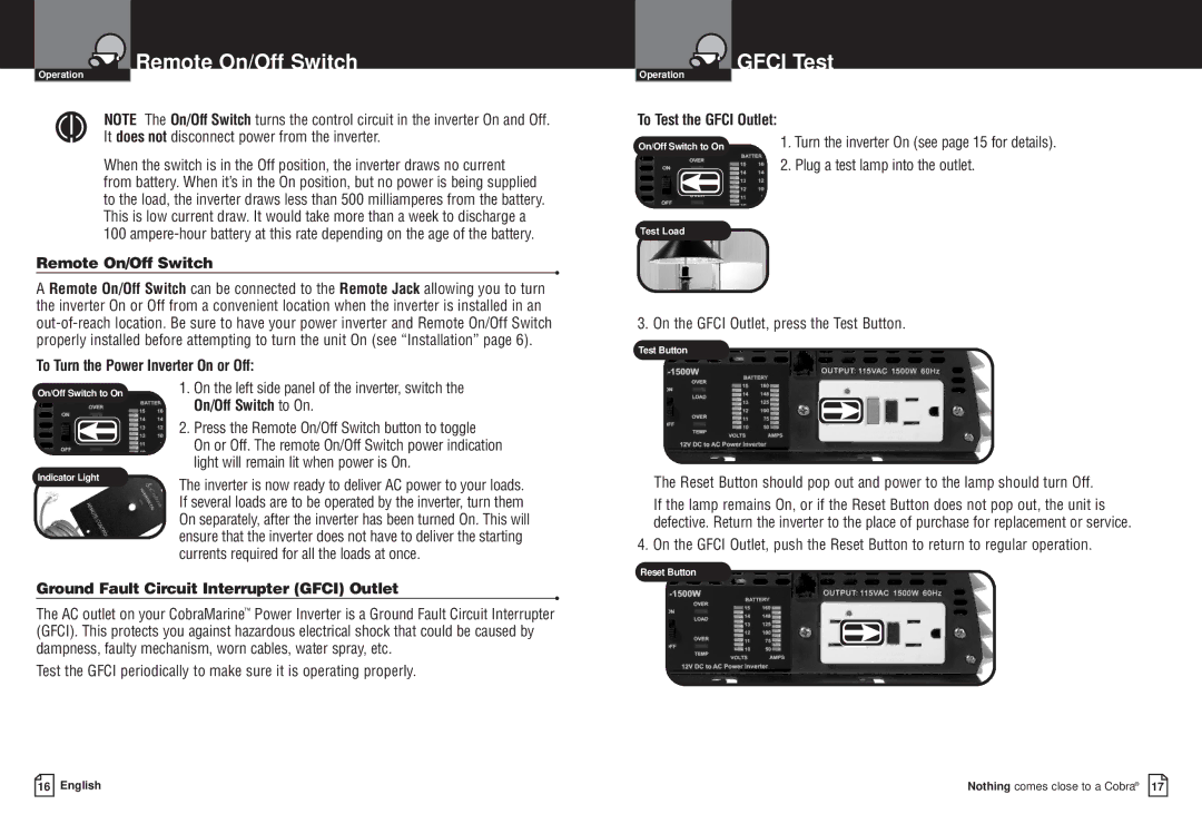 Cobra Electronics CPI M1500 owner manual Gfci Test, To Turn the Power Inverter On or Off, To Test the Gfci Outlet 