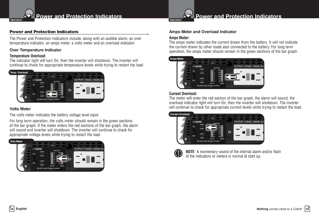 Cobra Electronics CPI M1500 owner manual Power and Protection Indicators 