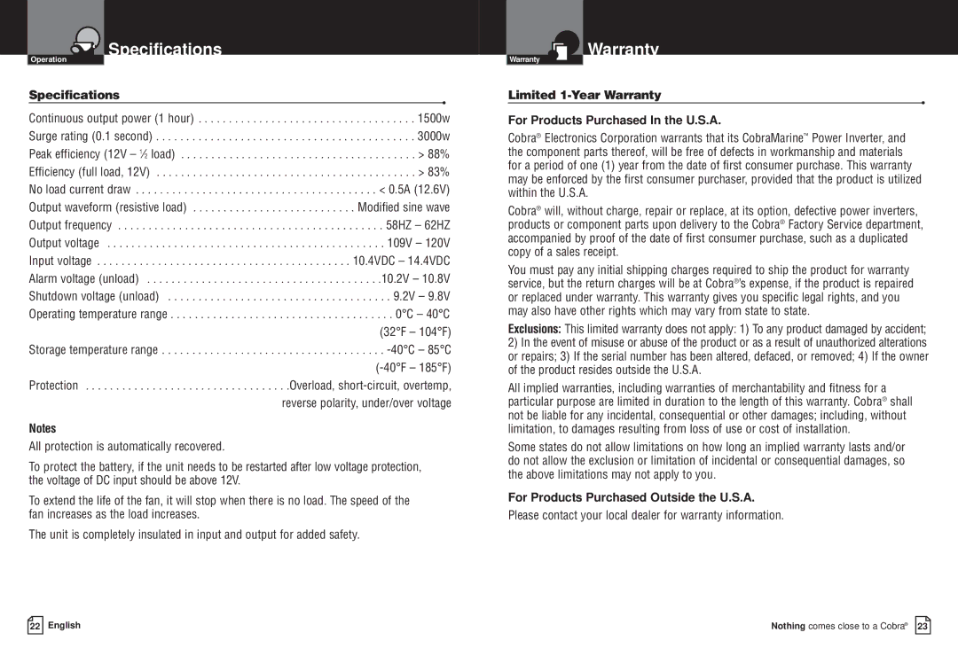 Cobra Electronics CPI M1500 owner manual Specifications, Limited 1-Year Warranty For Products Purchased In the U.S.A 