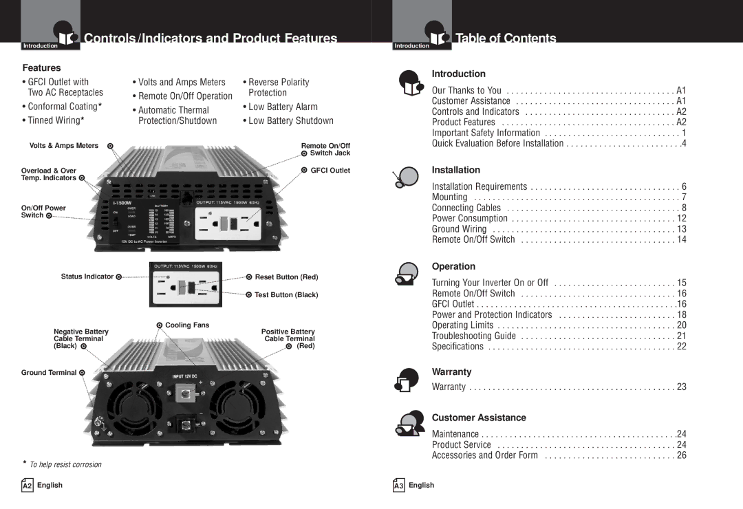 Cobra Electronics CPI M1500 owner manual Controls/Indicators and Product Features, Table of Contents 