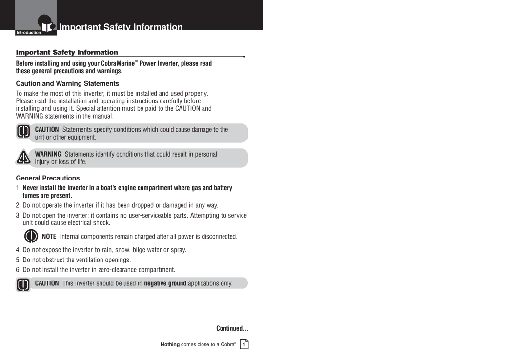 Cobra Electronics CPI M1500 owner manual Important Safety Information 