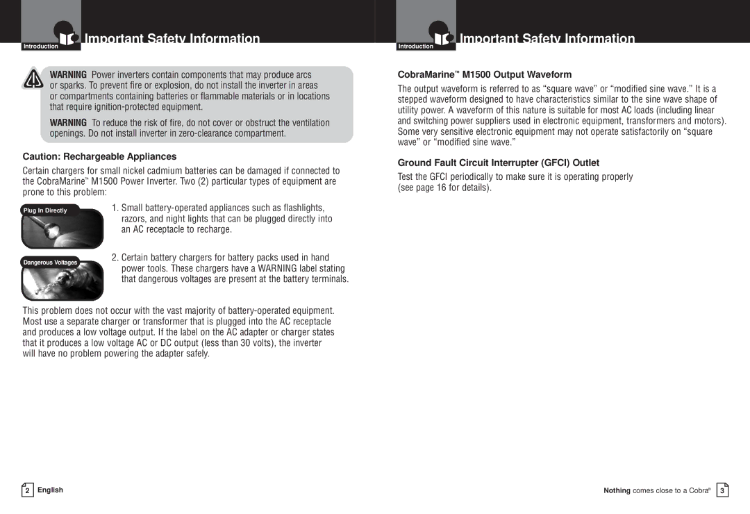 Cobra Electronics CPI M1500 owner manual CobraMarine M1500 Output Waveform, Ground Fault Circuit Interrupter Gfci Outlet 
