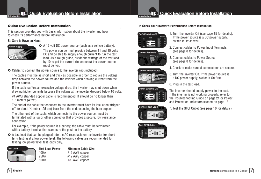 Cobra Electronics CPI M1500 Quick Evaluation Before Installation, To Check Your Inverter’s Performance Before Installation 